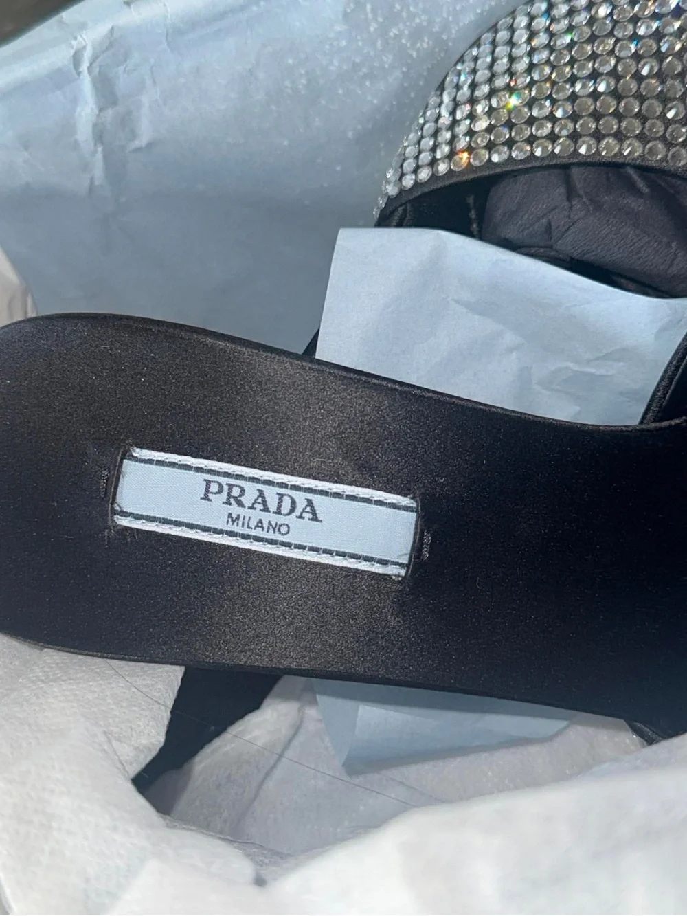 Prada SATIN HEELED SANDALS WITH CRYSTALS - Picture 12 of 15